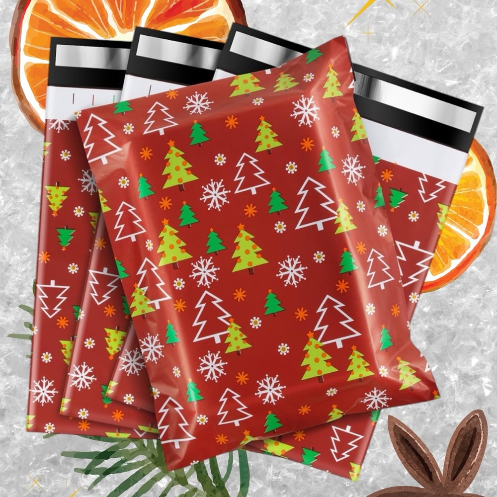 20 POLYMAILERS w/ Tissue Paper - Christmas Holiday Red with Trees